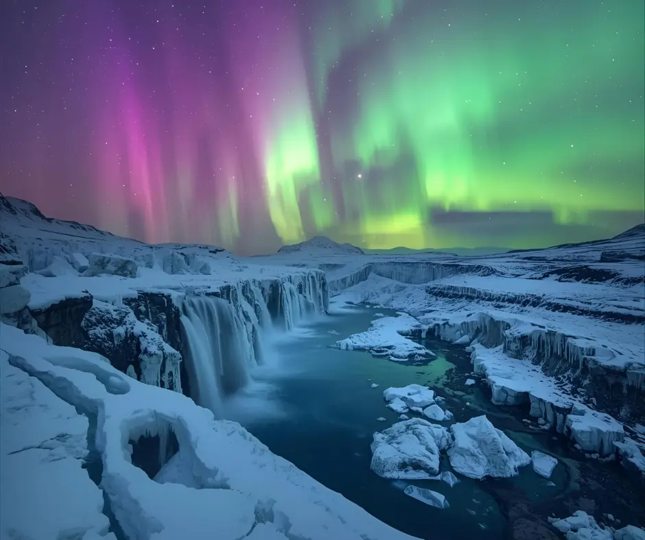 Northern lights above a dramatic landscape