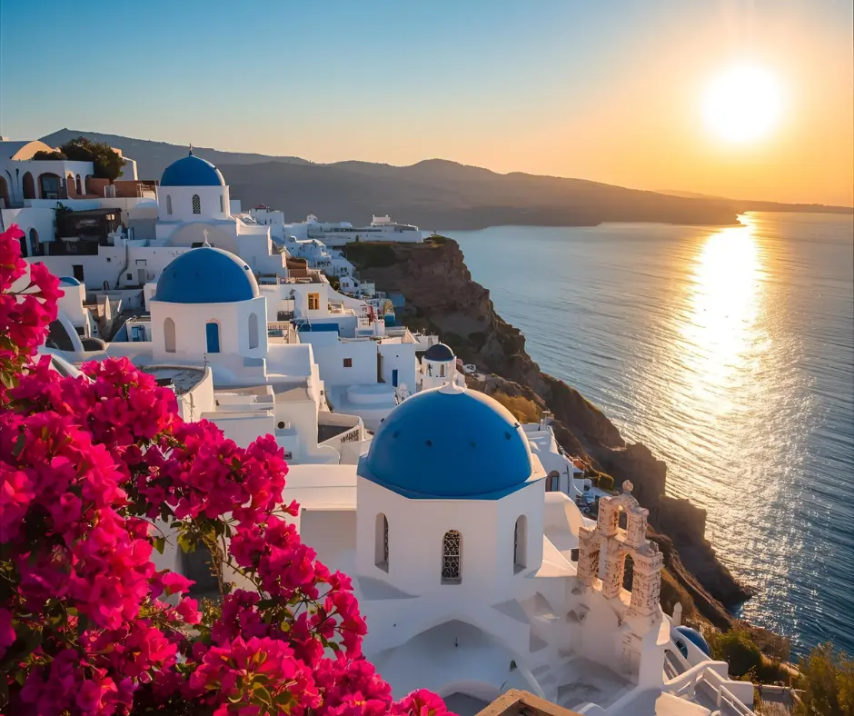 Sunlit white buildings overlooking the sea
